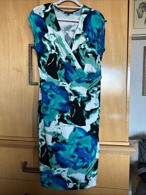 Anne Klein Blue, Teal & Black Abstract Faux Wrap Midi Dress